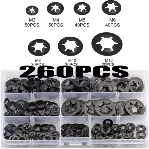 260Pcs Star Lock Washers Kit Push On Speed Clips Fasteners Assortment Kit M3 M4 M5 M6 M8 M10 M12