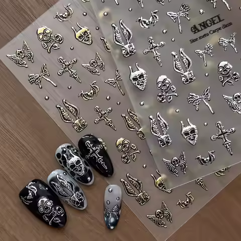5D Punk Dark Style Halloween Nail Stickers Gothic Devil Skull Bunny Cross Wing Bat Decals Retro Gold