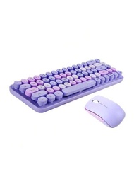 Jomaa混色小型無線2.4g Usb鍵盤滑鼠套裝,圓鍵帽多色可愛68鍵無線鍵盤滑鼠組合（紫色）