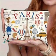 1pc Paris France Themed Makeup Bag - Eiffel Tower, Louvre & Notre-Dame Design Lightweight Foldable T