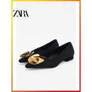 ZARA Spring New Women's Shoes Black Metal Flower Sheep Suede Ballet Shoes 1501110 800