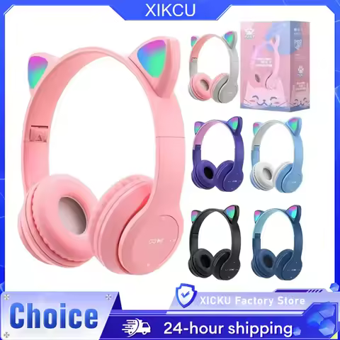 P47M Wireless Bluetooth Headset Gamer Cat LED Light Noise Cancelling Earbuds Wireless Headphones Blu