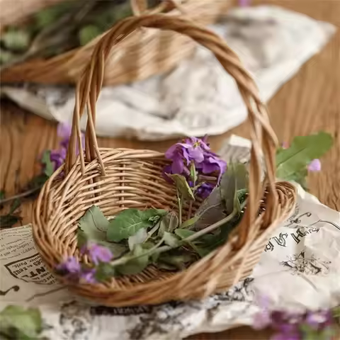 Rattan Flower Basket with Handle Wicker Bamboo Handmade Weave Edge Fruit Basket Picnic Storage Sundr