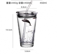 全城熱賣 - 玻璃杯帶蓋吸管水杯(規格:鯨魚款+蓋+玻璃吸管+管刷）