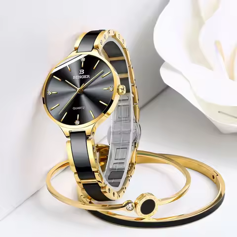 Reloj Mujer Switzerland Binger Japan Movement Quartz Watch for Women Sapphire Ceramic Band Waterproo