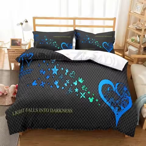 Blue Heart Pattern Bedding Set Kingdom Heart Luxury Bed Linen Set Fashion Duvet Cover Set Blcak Bed 