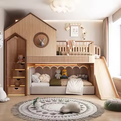 Custom Loft Bunk for Kids Room Duplex 2nd Floor Treehouse Bunk Space Saving Twin Over Twin Bunk for 