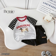 Cotton short sleeve raglan set with Original Bernie puppy print and fish leather pants for boys 9-24