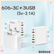 BORAG 160W Charger Plug, 6 Ports EU/US/UK Phone Charger Adapter, Fast Charging with LED USB A+C Mult