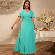 Váy phù dâu AOMEI màu xanh lá cây xô thơm, chất liệu voan thanh lịch dài cổ chữ V tay xẻ tà dáng chữ