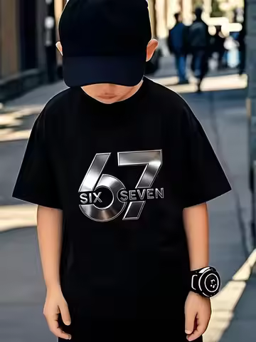 T-Shirt.Stylish,Casual Comfortable Children's Metallic Texture 67 Digital Six Seven Print Short-Slee