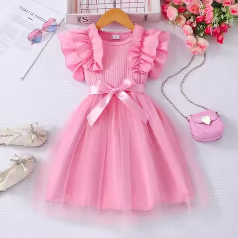 New KIds Girl Princess Dress Summer Short Sleeve Sweet Cute Mesh Toddler Dresses Birthday Party Chil