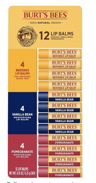 BURT'S BEES - 美國造 100% 天然原裝潤唇膏 12 件組,包括 4 個蜂蠟、4 個香草豆和 4 個石榴保濕潤唇膏,1.5 盎司(約 4.3 克)(12 件裝) 【平行進口】