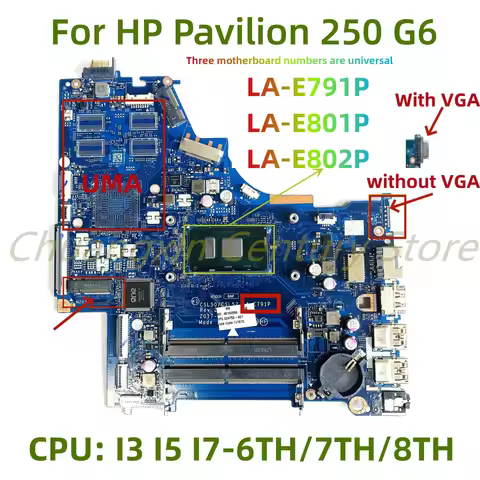 The LA-E791P LA-E801P LA-E802P Motherboard Is Suitable For HP 250 G6 Laptops, I3 I5 I7-6TH/7TH/8TH C