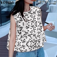 เสื้อกั๊กเสื้อยืดคอกลม H พิมพ์ลายดอกไม้แฟชั่นสำหรับผู้หญิง VONDA เสื้อกล้ามแขนกุดหลวม (ดอกไม้เกาหลี)