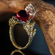 琥珀戒指珍珠，紅琥珀球戒指，紅琥珀珍珠形狀戒指