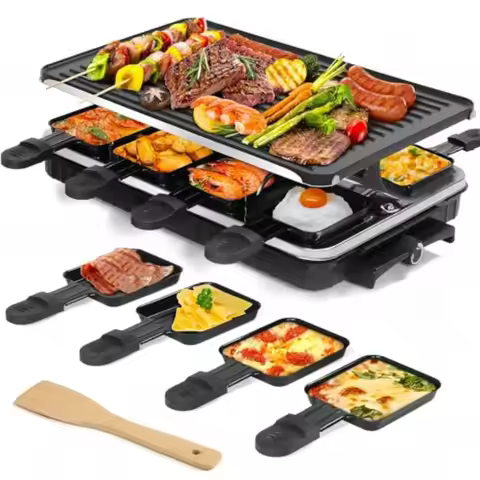 Grill Raclette for 8 People 1300W Electric Grill with 1 Reversible Non-stick Grill Pan 8 Mini Raclet