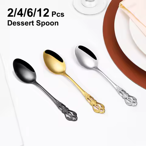 2/4/6/12pcs Gold Dessert Spoons Stainless Steel Cutlery Ice Cream Cake Spoon Black Spoon Set Mirror 