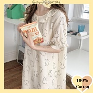 SUNNY 100% Cotton Night Dress Rabbit Print Dress Tidur Cute Rabbit Sleepwear Baju Tidur Perempuan Baju Tidur Wanita