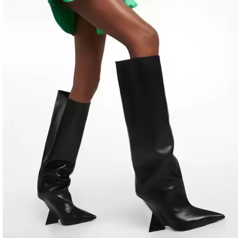 2025New European and American Women's Knee Length Boots Fashion Pointed Shaped High Heels Women's La