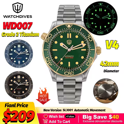Watchdives WD007 V4 42Mm Titanium Automatic Dive Watch 007 NTTD SL3001 Mechanical AR Waterproof 20Ba