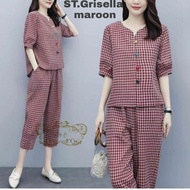 setelan baju celana wanita stelan cewek casual bahan katun kotak gris