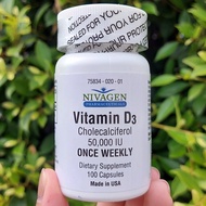 วิตามินดี 3 Vitamin D3 Cholecalciferol 50000IU 100 Capsules (Nivagen Pharmaceuticals®) D-3