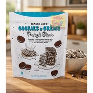 Trader Joe's Cookies & Crème Pretzel Slims Covered with dark chocolate drizzle. Net wt. 6 oz (170g).