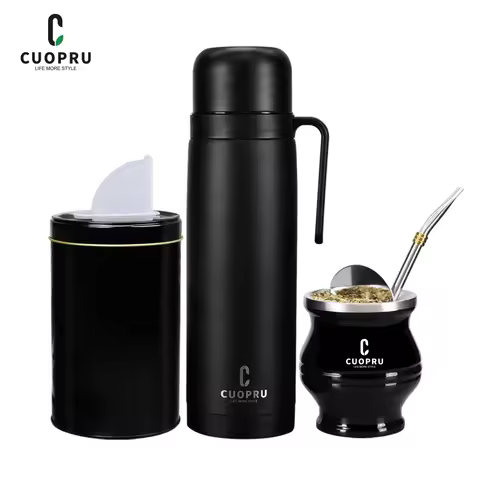 Complete Yerba Mate Kit Black - Stainless Steel Modern Mate Cup, Thermos, Yerba Container, Tea Shape