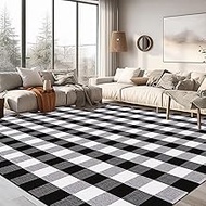 LHLJOYU Buffalo Plaid Rugs Black and White Area Rug5.5'x7.5', Cotton Hand-Woven Checkered Area Rug, 