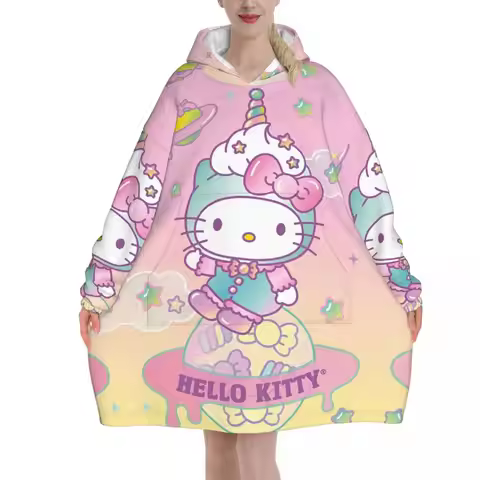 Hello Kitty Cartoon Blanket Hoodie Wearable Blanket Large with Pocket Warm Sleeping Bag Soft Cozy On