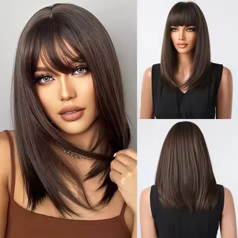 Medium Length Dark Brown Synthetic Wigs for Women Short Straight Brown Wigs With Bangs Shoulder Leng