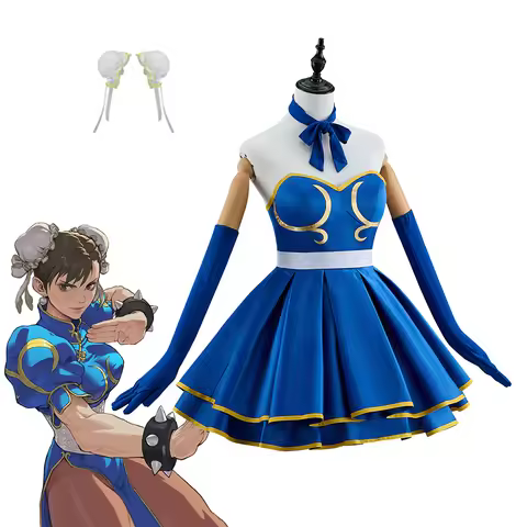 Women's Chun Li Cosplay Costume Lolita Dress With Hairband Chun Li Fighting Blue Dress Set Halloween