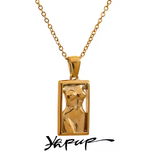 Yhpup Statement Body Square Pendant Stainless Steel Statement Necklace Gold Color Texture Metal Pers