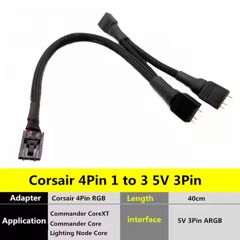Corsair 12V 4Pin RGB 1 to 3 Way 5V 3Pin ARGB Male Adapter Cable for RGB Hub Lighting Node Core/ Comm