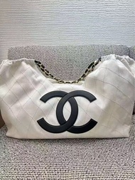 Chanel 26m Coco beach tote bag shopping small size white blue demin 細號購物袋 托特包 牛仔布 白色 淺藍色 康鵬 cambon