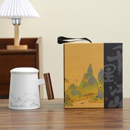 [Hot Sale]"Thousand Miles of Rivers and Mountains" wooden handle tea cup, Chinese style far mountain