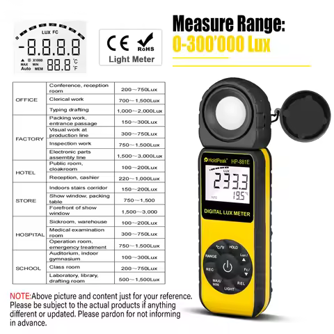 HP-881E Luxmeter Lumen Meter Handheld Light Calibrator with 270° Rotatable Detector, Measuring Range