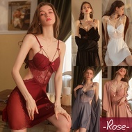 Rose Sexy Nighties Lingerie Sleepwear Lace Nightdress Night Sleep Wear Dress Pajama Set  For Women