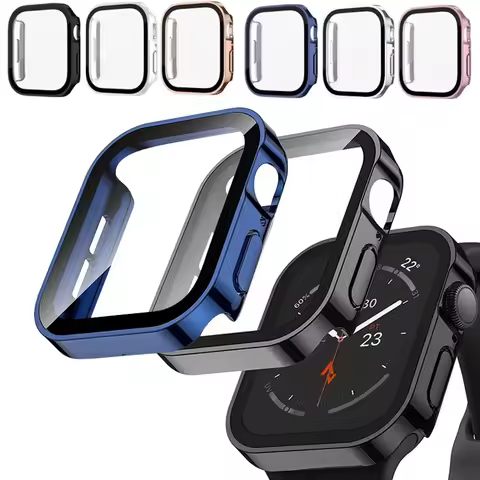 Electroplating Waterproof Case+Glass For Apple Watch 7 8 45mm 41mm 44mm 40mm Screen Protector Glass 