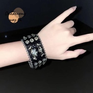 OAKDENEMYWAY Leather Bracelet, Red Crystal Cross Charms Gothic Jewelry,  Korean Punk Grunge Skull Re