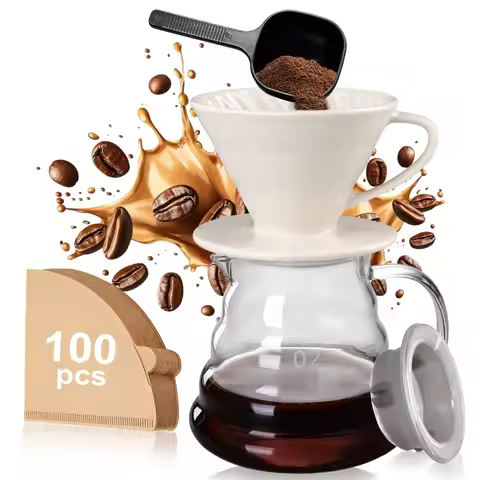 4 Pieces Pour Over Coffee Maker Set - Include Glass Pot & 100pcs Paper Filter & Ceramic Pour Over Co