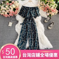 [XIAO-Hot Item Shop] 2021 Korean Version Retro Fashion Floral Ruffled Flat Neck High Waist Slimmer Look Wide Leg Jumpsuit Women