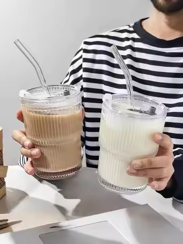 6pcs, 350ml/12oz Glass Cups, High-Quality Transparent Glass Cups With Lids And Straws, Durable, Easy
