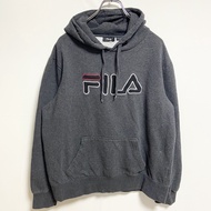 古著 FILA 長袖連帽衫，帶有大徽標刺繡，復古設計，袋鼠口袋，灰色，XL 碼