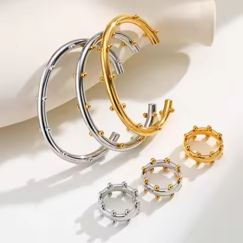 Vnox Stainless Steel Geometric Steel Cuff Bracelet Finger Rings With Small Balls Charms Jewelry Set 
