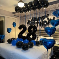 64pcs Black & Blue Decorative Balloons Set - Big Size Number Balloons, Black Happy Birthday Banner,