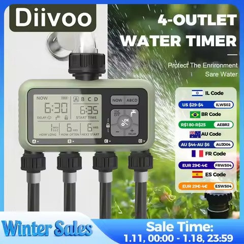 Diivoo Water Timer 4 Zone Garden Programmable Automatic Irrigation Timer with Rain Delay Manual/Auto