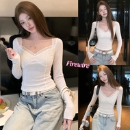 Firewire เสื้อท็อปแขนยาวผู้หญิงสไตล์เกาหลี คอวี ขอบลูกไม้ ตัดเส้นย่อย ทรงรัดรูป-A2568