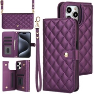 Flip leather case For iPhone 14 15 16 pro max With Diagonal Strap lanyard Card Case Coin Purse Case 